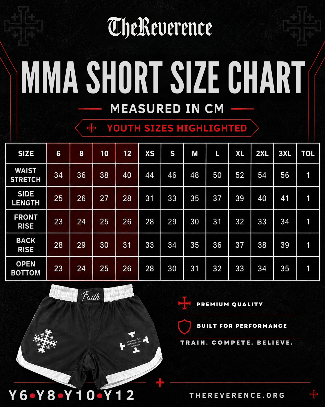 A size chart graphic for The Reverence brand titled 'MMA SHORT SIZE CHART' with measurements in centimeters for youth sizes. The chart includes columns for size, waist stretch, side length, front rise, back rise, and open bottom, with a photo of black MMA shorts with white trim and logos at the bottom.