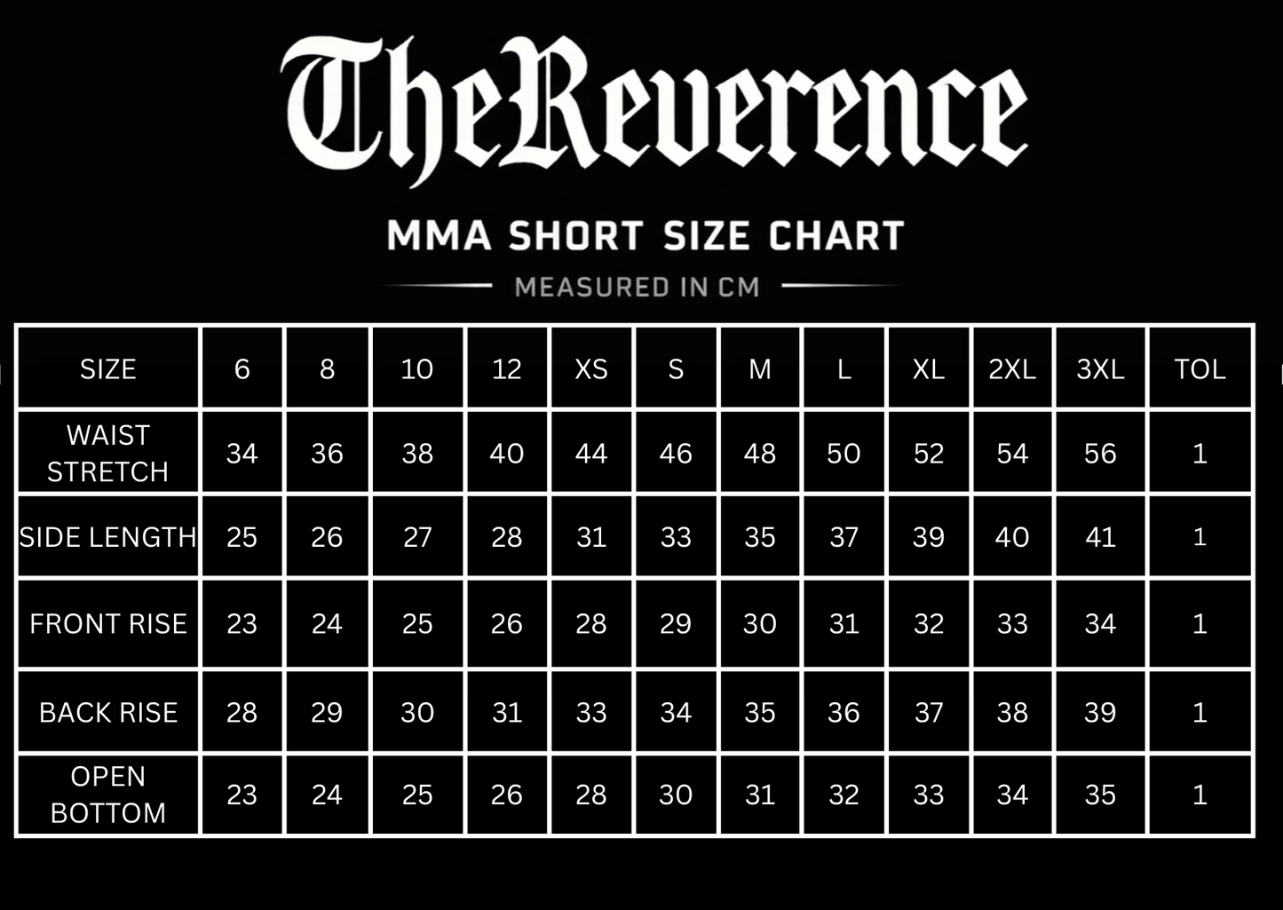 MMA short size chart by The Reverence on a black background