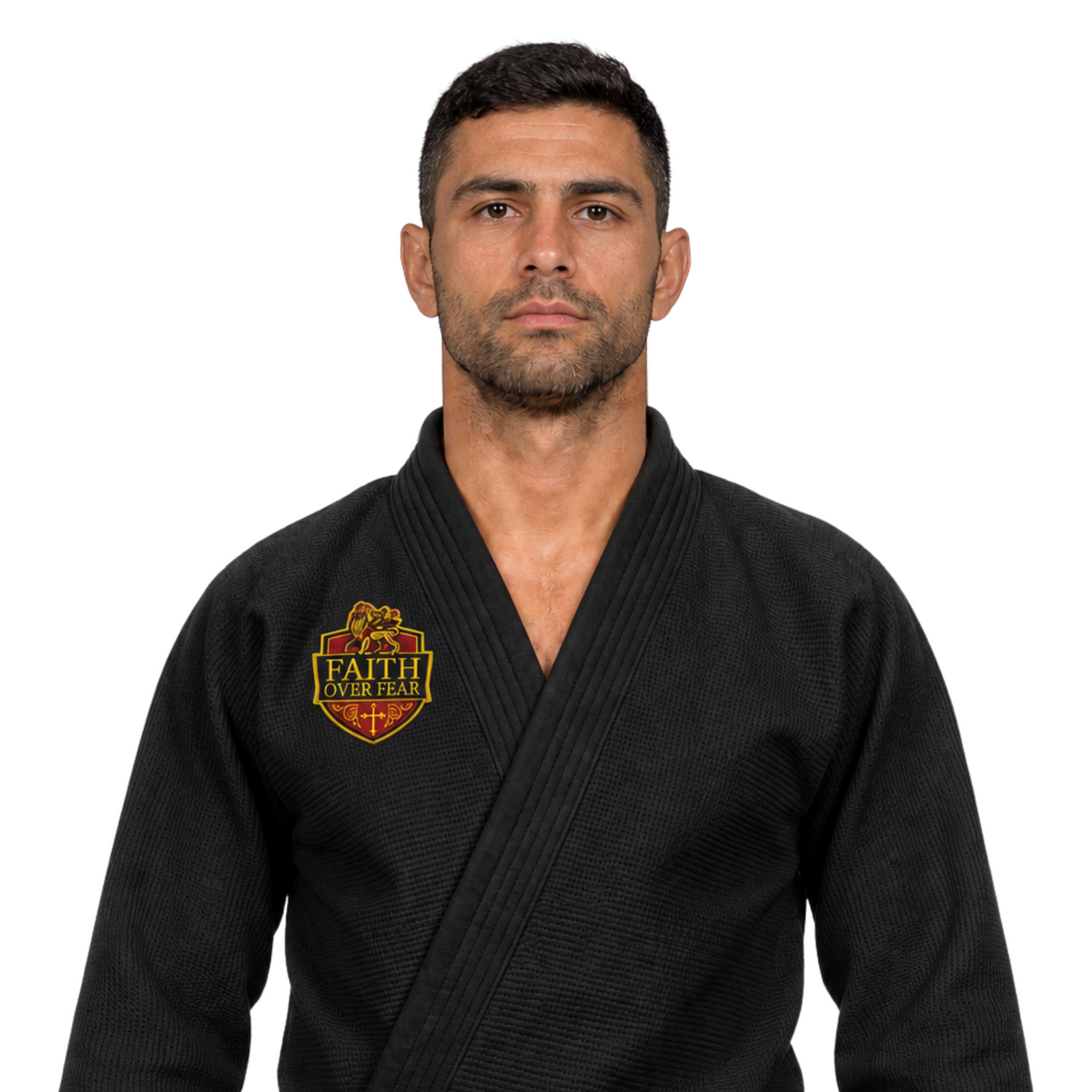 Man in Jiu Jutsu Black Gi wearing a red and yellow Christian themed patch