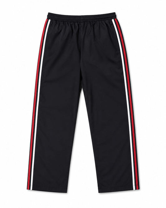 Black track pants with red and white stripes on a white background