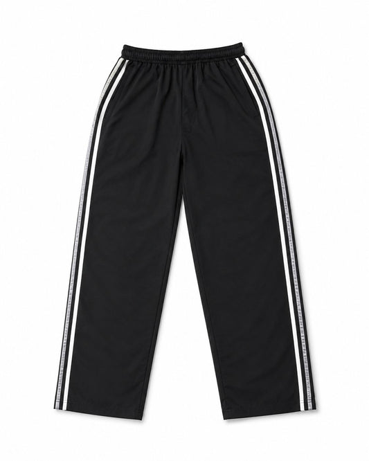 Black track pants with white stripes on a white background