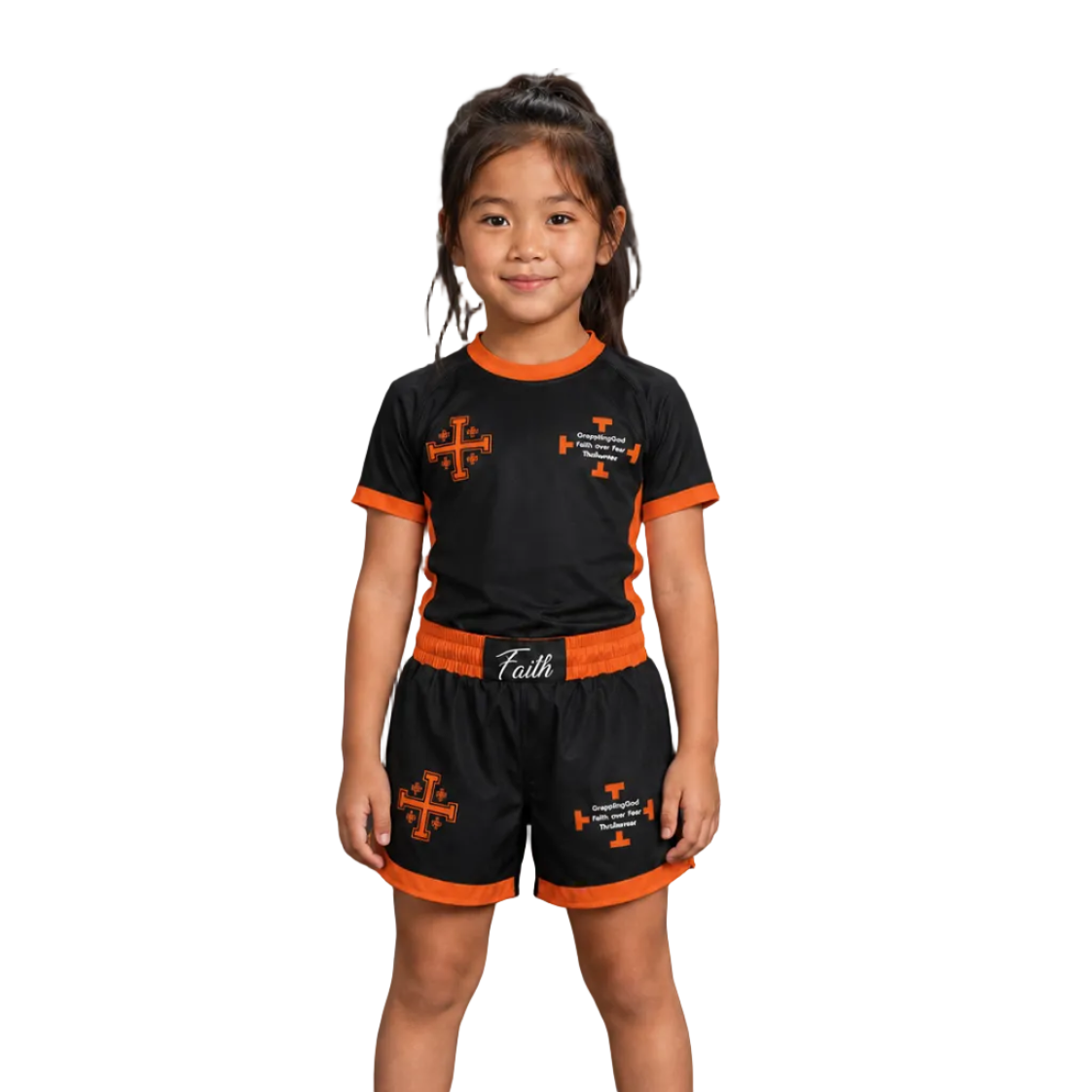 A young child stands barefoot against a dark gray studio background wearing a black short-sleeve athletic top and matching shorts with bright orange trim and orange cross-style graphics. The image includes printed text at the top reading TheReverence, ORANGE COLORWAY, and FRONT.