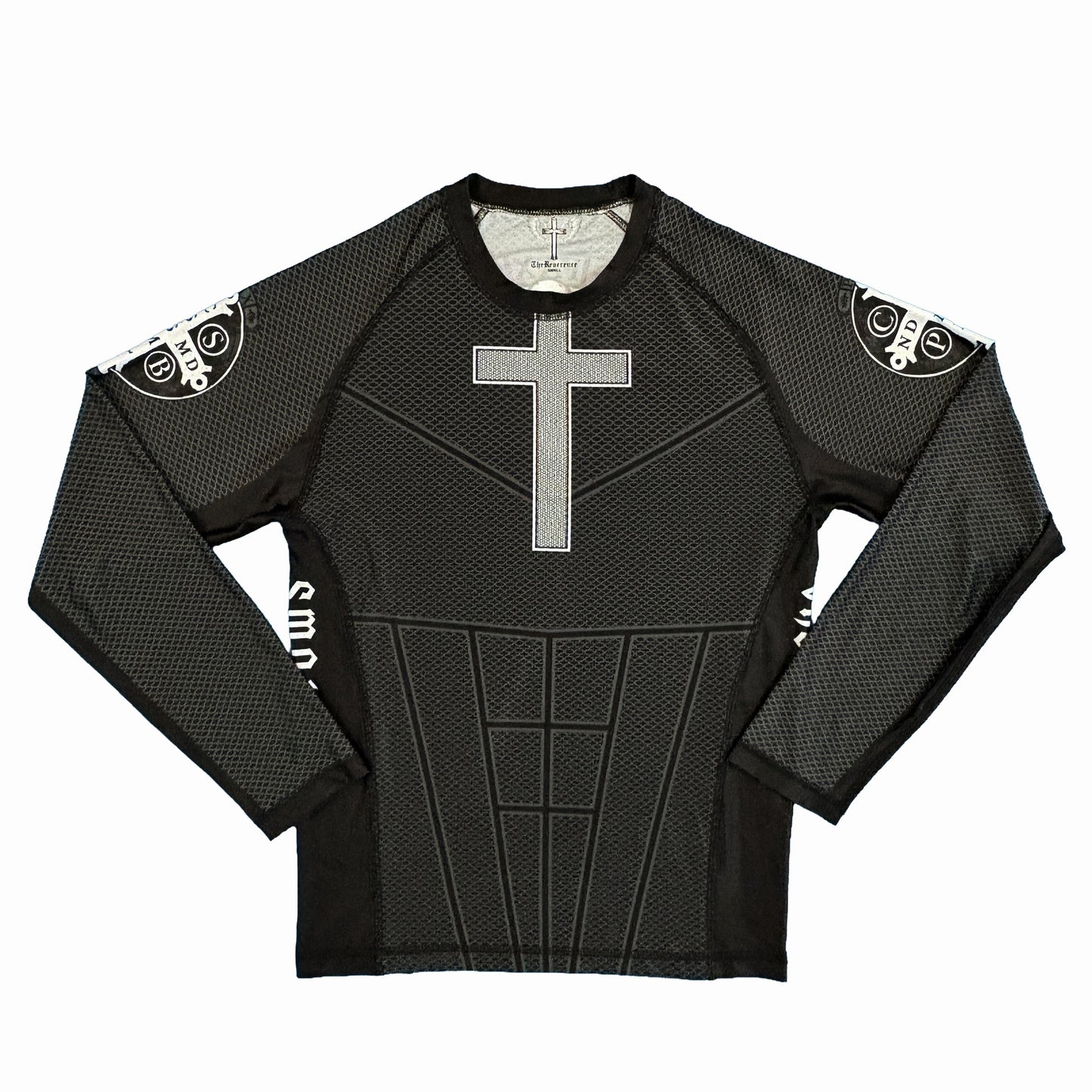 Black long-sleeve shirt with a central cross design on a white background