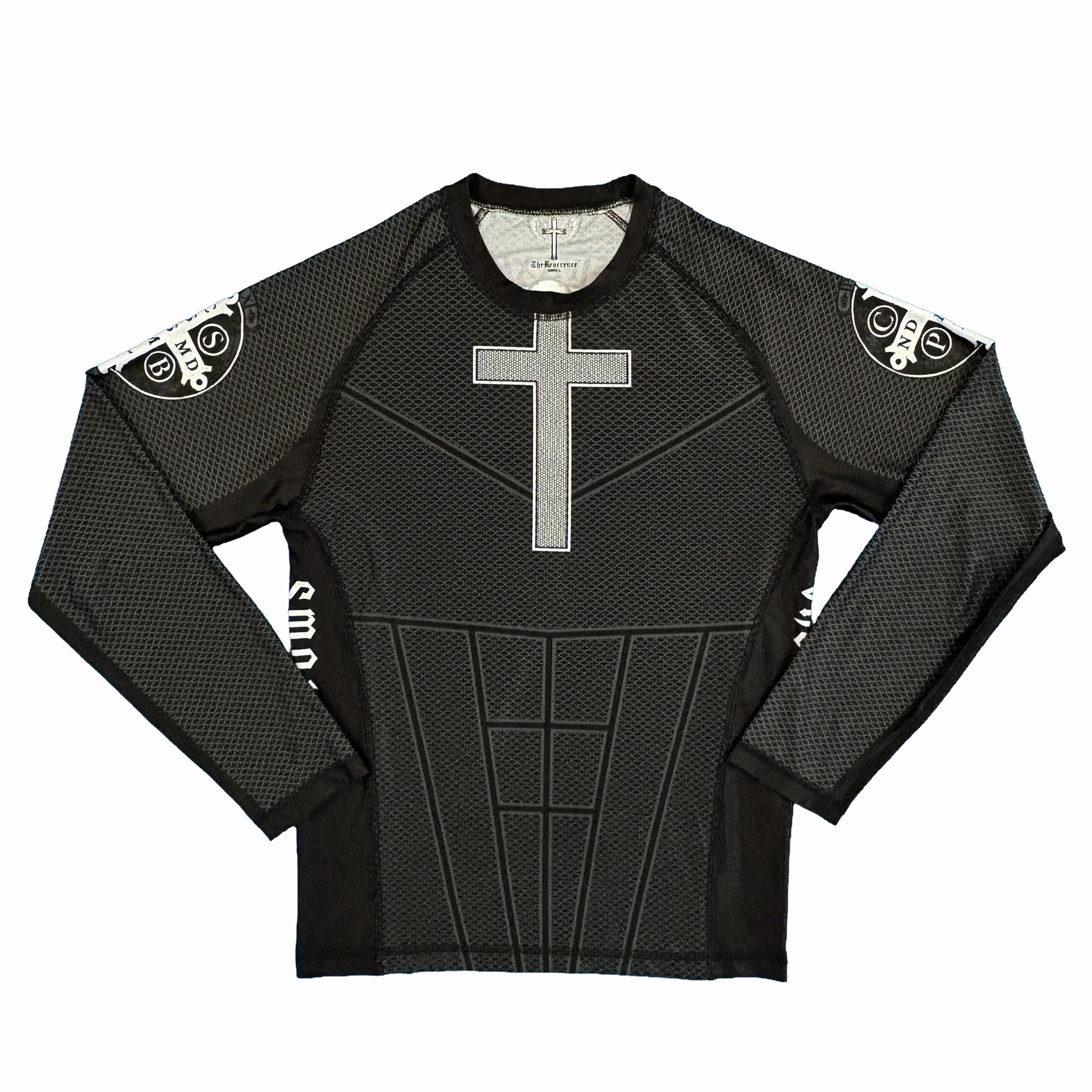 Black long-sleeve shirt with a central cross design on a white background