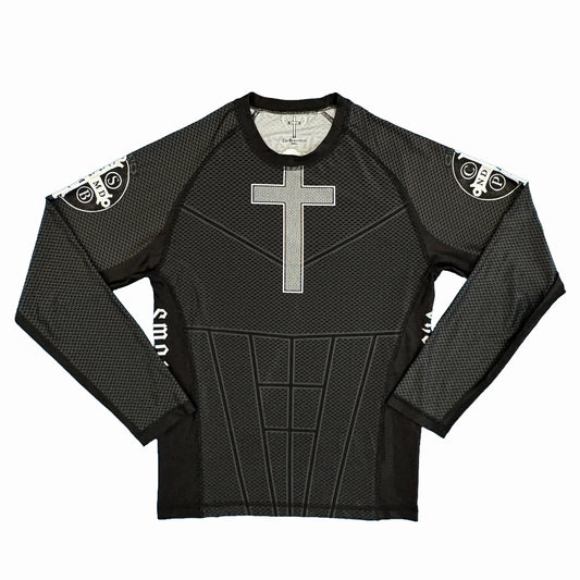 Black long-sleeve shirt with a central cross design on a white background