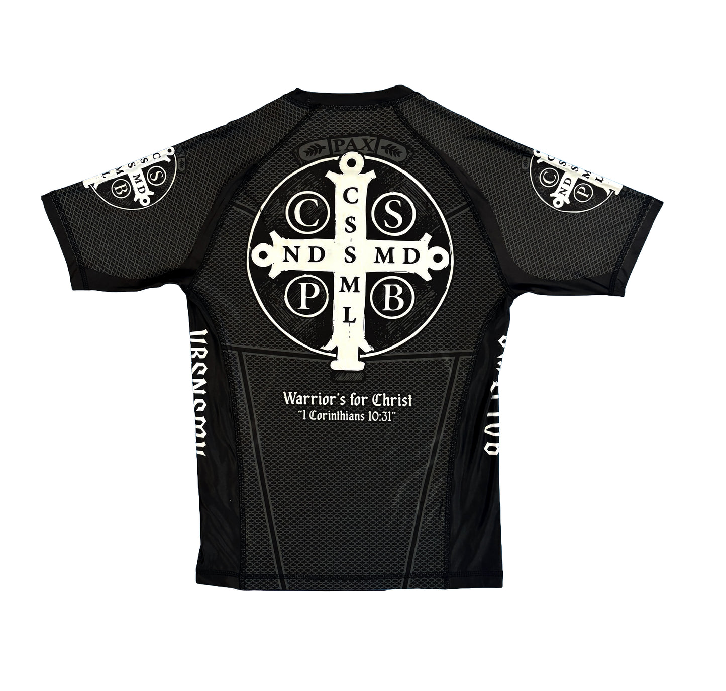 Black athletic shirt with white cross design and text on a white background