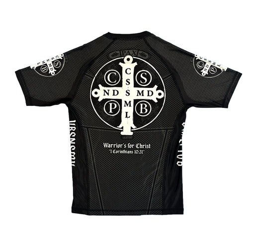 Black athletic shirt with white cross design and text on a white background