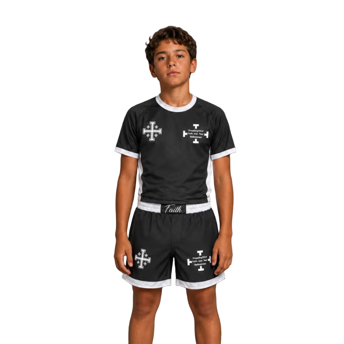 A young boy stands barefoot against a dark gray studio background wearing a black short-sleeve athletic jersey and matching shorts with white trim and white cross logos. Large white text on the image reads FRONT, and branding at the top left reads The Reverence / WHITE COLORWAY.