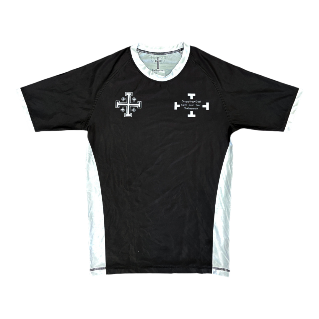 Black sports jersey with white accents and logos on a white background