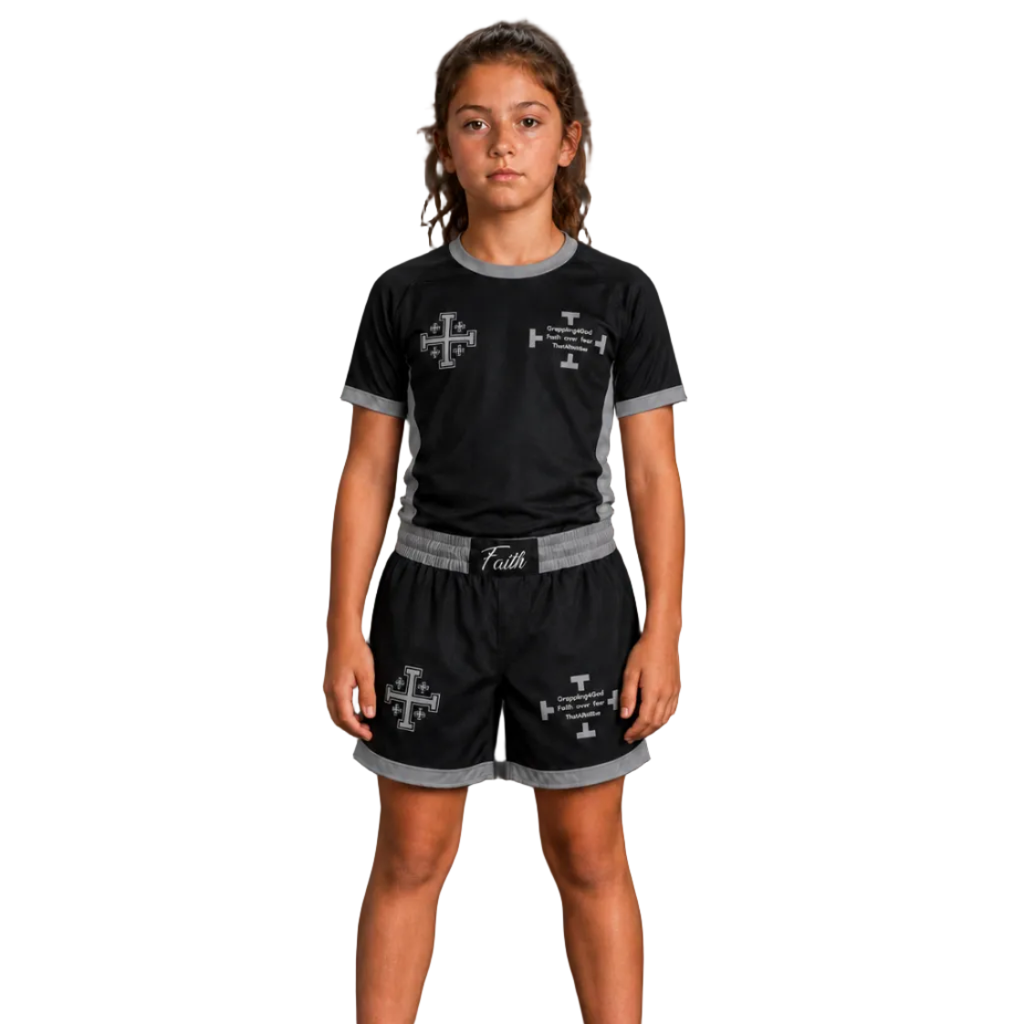 A child model stands against a dark gray studio background wearing a black short-sleeve athletic top and matching shorts with gray trim and white cross-style graphics. Large white text reads FRONT, and the top left shows TheReverence / GRAY COLORWAY branding.