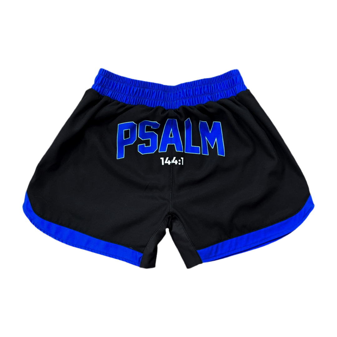 Black shorts with blue trim and 'PSALM 144:1' text on a white background