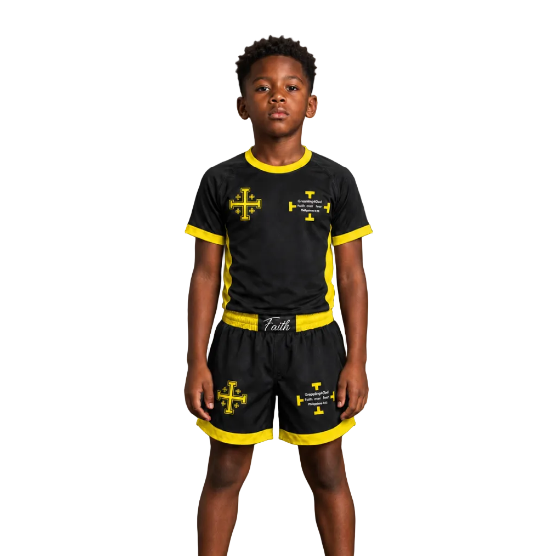 A child stands barefoot against a dark studio background wearing a black athletic set with bright yellow trim and cross-themed graphics. Large text reads 'TheReverence', 'YELLOW COLORWAY', and 'FRONT'.