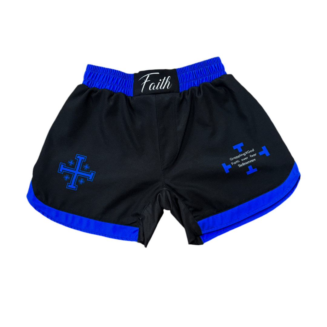 Black shorts with blue accents and cross design on a white background