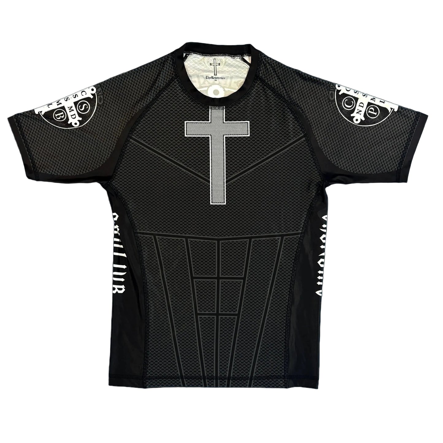 Black athletic shirt with a cross design on a white background