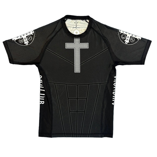 Black athletic shirt with a cross design on a white background