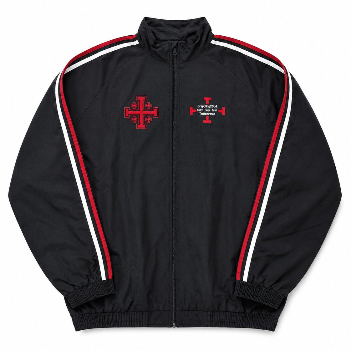 Black jacket with red and white accents and a red emblem on a white background