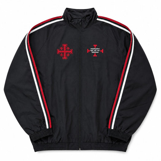 Black jacket with red and white accents and a red emblem on a white background