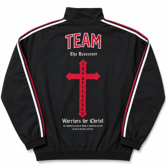 Black jacket with red and white text and graphics on a white background