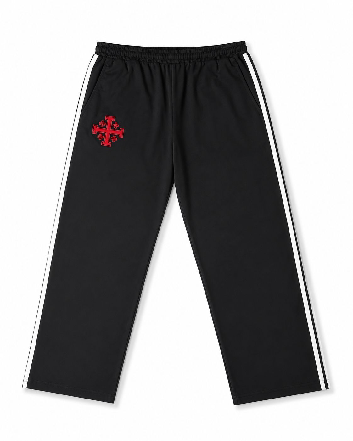 Black track pants with a red cross logo on a white background
