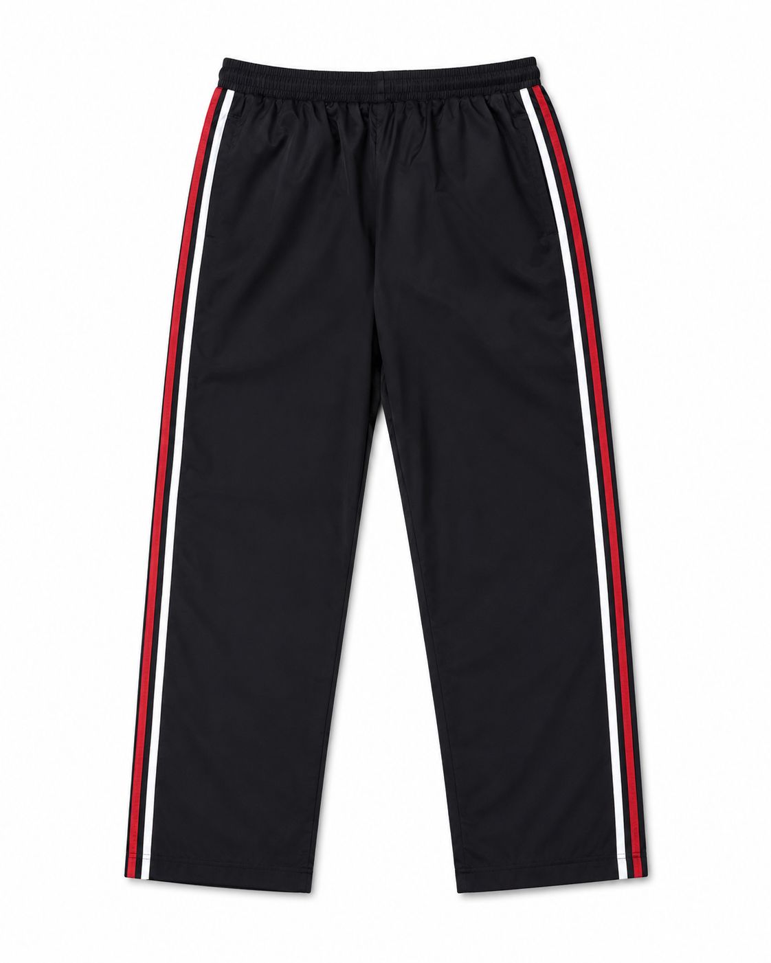 Black track pants with red and white stripes on a white background