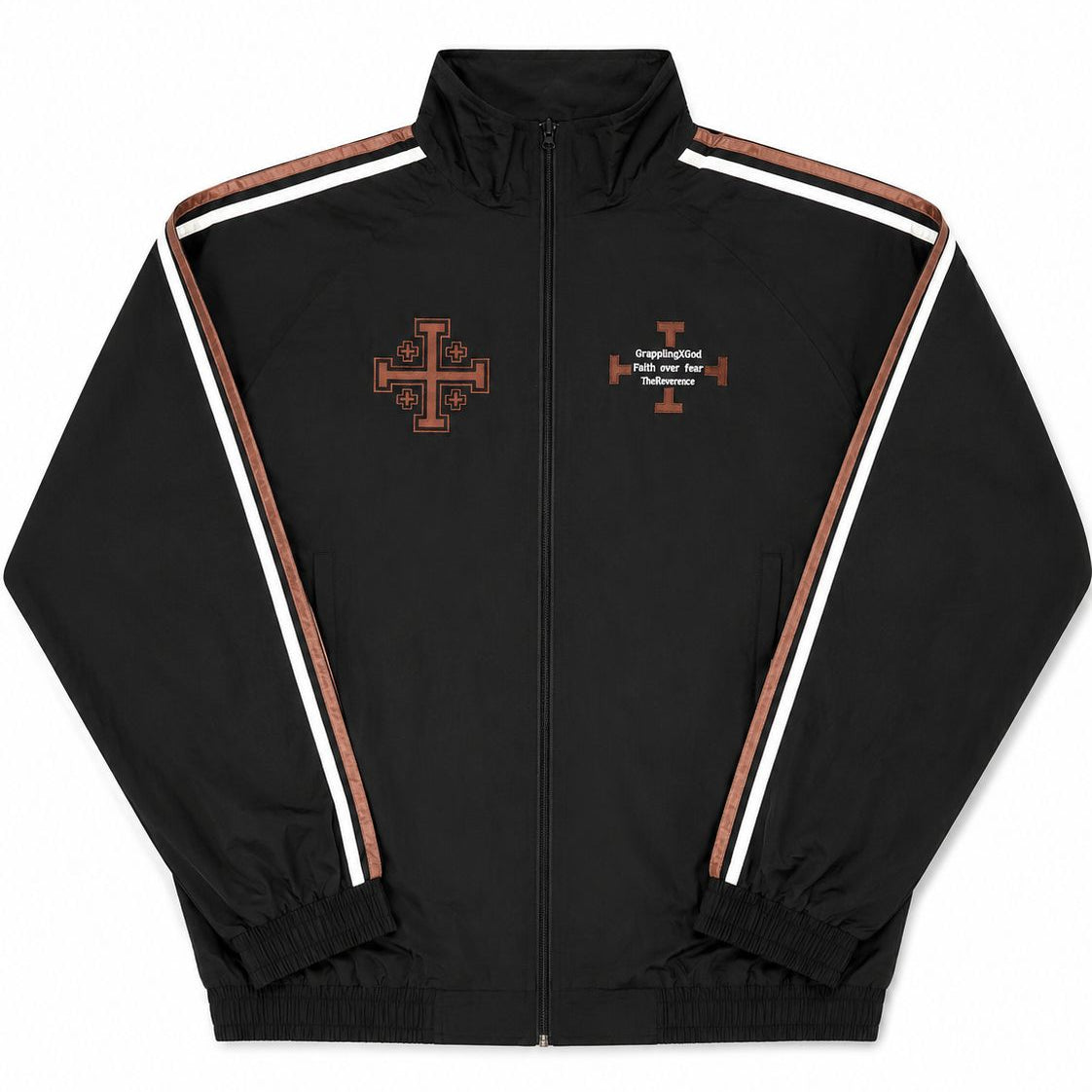 Black jacket with brown and white accents on a white background