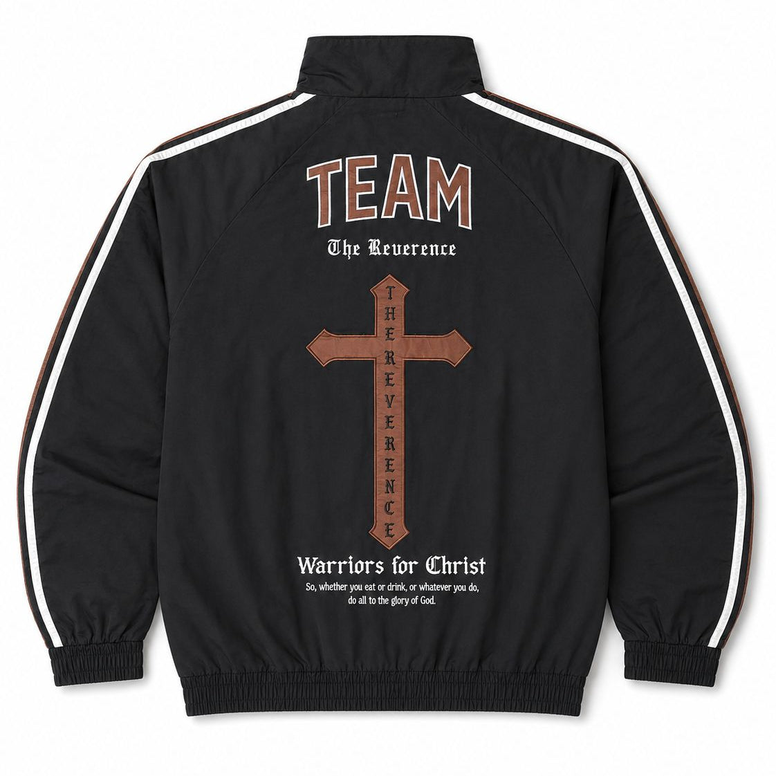 Black jacket with white stripes on sleeves and back design featuring a cross and text.