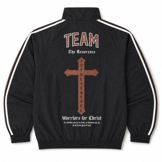 Black jacket with white stripes on sleeves and back design featuring a cross and text.