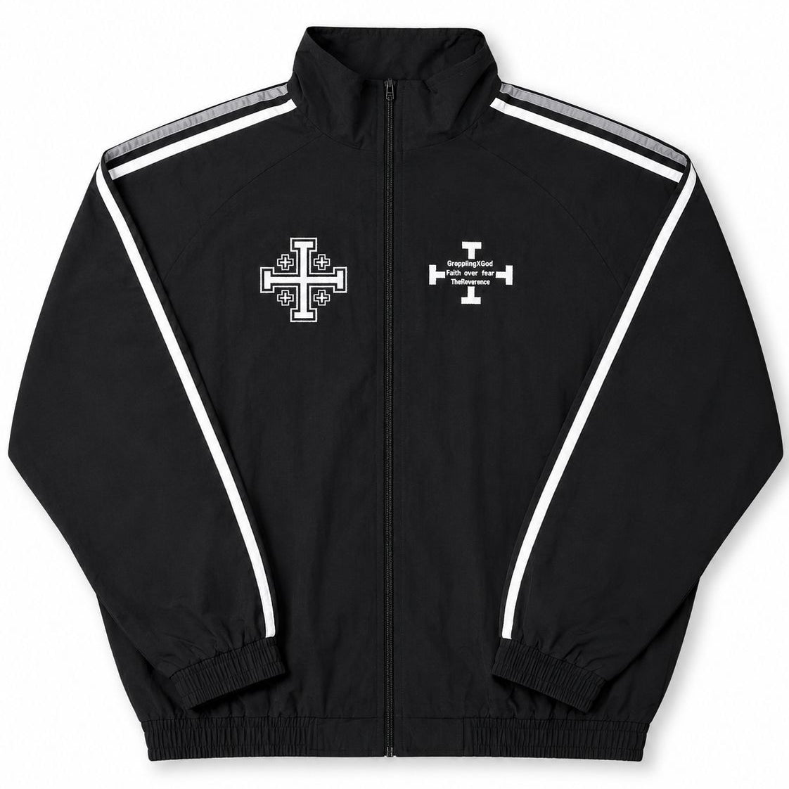 Black jacket with white accents and embroidered designs on a white background