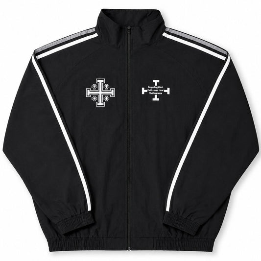 Black jacket with white accents and embroidered designs on a white background