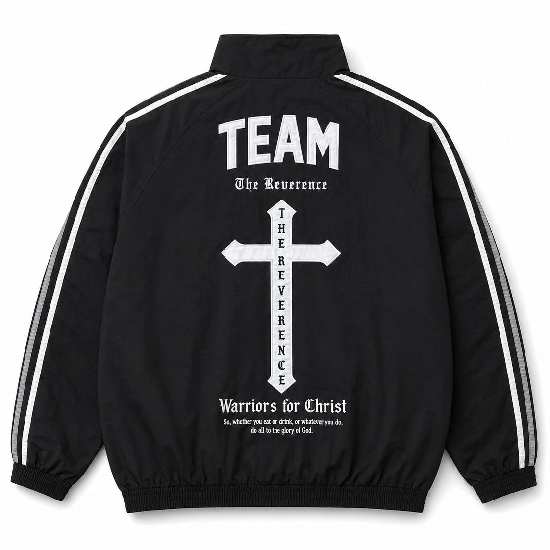 Black jacket with white cross design and text on a white background