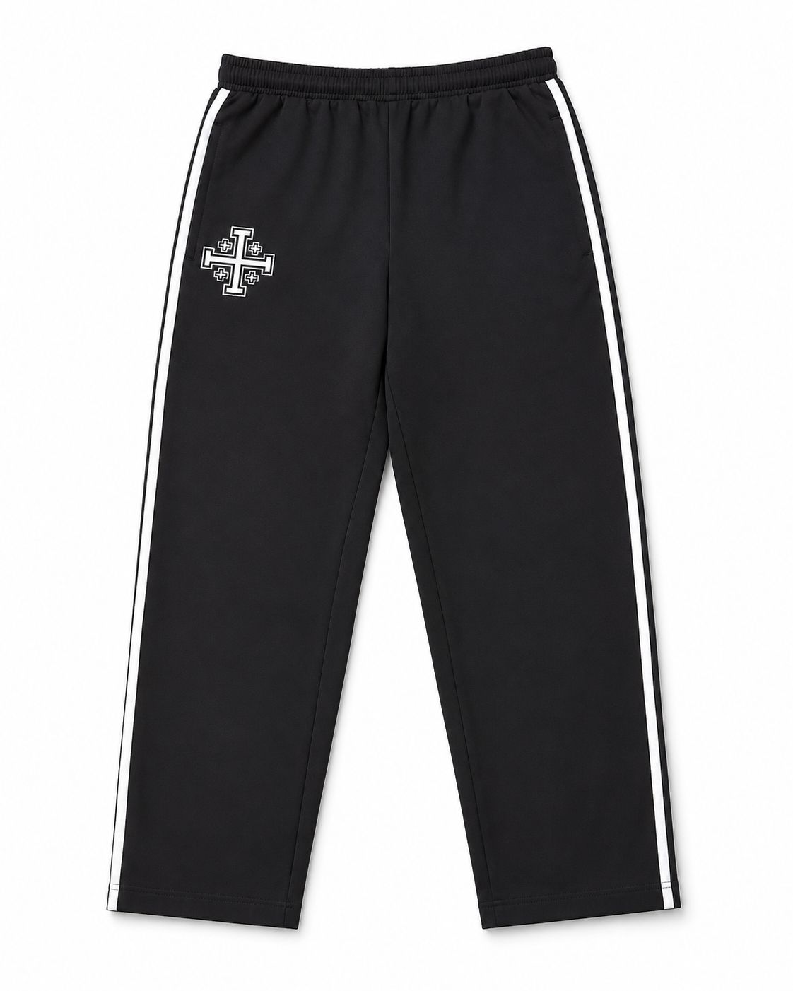 Black track pants with white stripes and a logo on a white background
