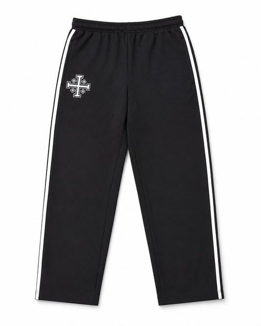 Black track pants with white stripes and a logo on a white background