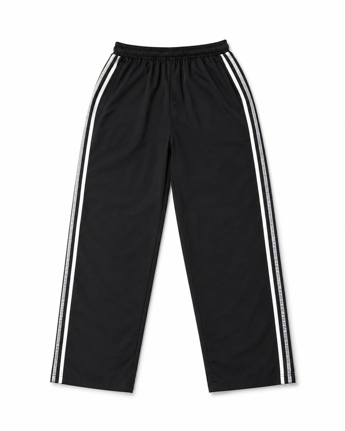 Black track pants with white stripes on a white background